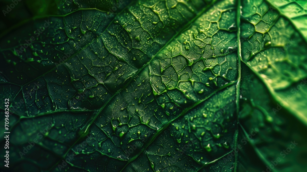 Poster A close up image of a single leaf with water droplets on it. This image can be used to depict nature, freshness, or environmental concepts