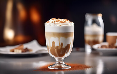 A cup of coffee with milk foam on a table with a blurred background. Perfect for a winter day.