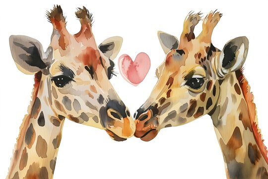 Two giraffes in watercolor with a heart above them, depicting a romantic moment, set against a white background with brown and orange spots. High quality illustration