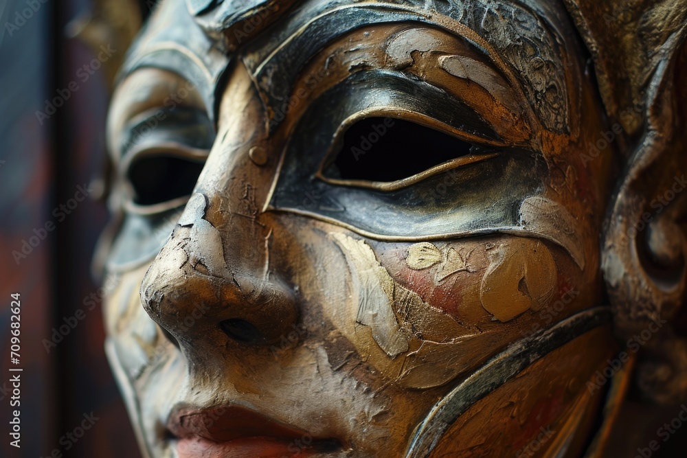 Aufkleber A close-up view of a mask placed on a table. Ideal for adding a touch of mystery and intrigue to various projects