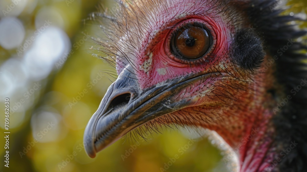 Poster a close-up view of a bird's face with a blurry background. suitable for various nature-themed projec