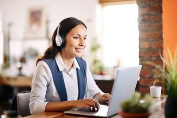 woman travel agent wearing headset, assisting clients online - obrazy, fototapety, plakaty