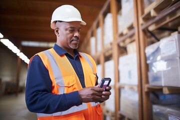 warehouse worker using a handheld inventory device - obrazy, fototapety, plakaty