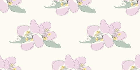 Line art Apple tree blossom, Vector seamless pattern. Endless Spring floral background, Wallpaper, Cover, Wrapping paper. Botanical color template for Print, Postcard, Fabric, Textile, Clothes design.