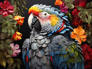 Obraz premium painting of macaw parrot with vibrant colors on dark canvas