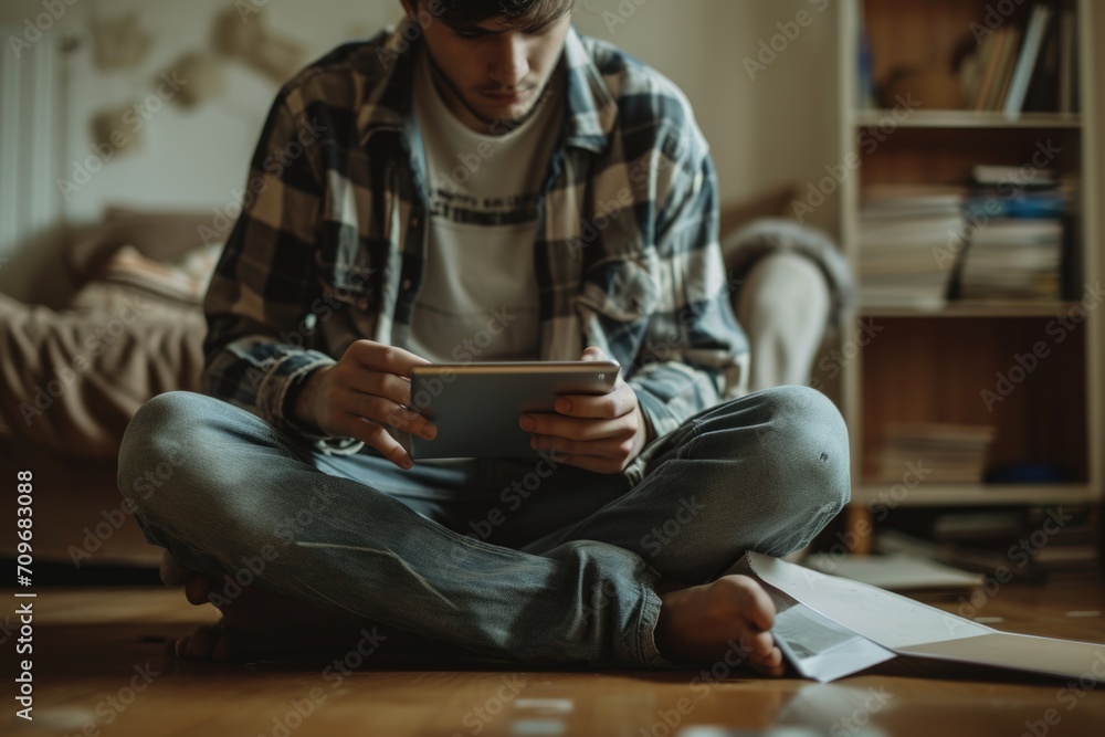 Aufkleber A man sitting on the floor using a tablet computer. Suitable for technology-related articles and blog posts