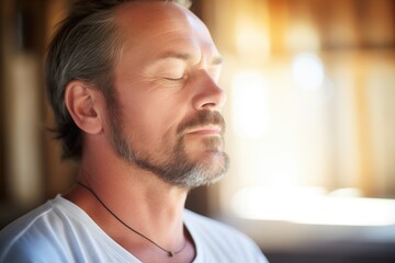 Fototapeta premium profile of instructor meditating with eyes closed, serene setting