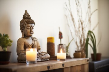 zen-like corner with a buddha statue and candles - obrazy, fototapety, plakaty