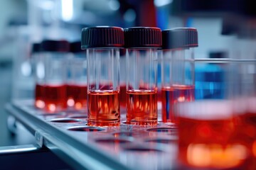 A row of test tubes filled with liquid. Perfect for scientific experiments or laboratory concepts