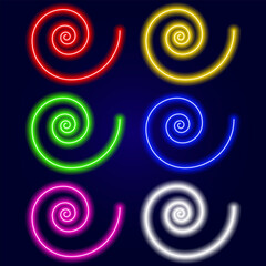 Vector elements multicolored neon spirals for graphic designers. Glowing neon in the shape of a snail