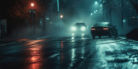 A car driving down a wet street at night. Perfect for illustrating nighttime driving or rainy weather conditions.
