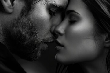 A romantic black and white image capturing a passionate kiss between a man and a woman. Perfect for expressing love and affection. - obrazy, fototapety, plakaty