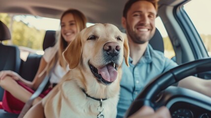 A picture of a man and woman sitting in a car with their dog. This image can be used to depict a family road trip or a pet-friendly adventure
