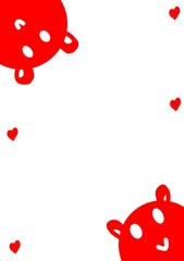 A5 paper size background border for valentines with space for entering text and 2 cute and adorable kawaii animals. Tiny love hearts. All on white. Valentines colors.