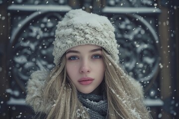 A woman wearing a hat and scarf in the snow. Suitable for winter fashion or outdoor activities
