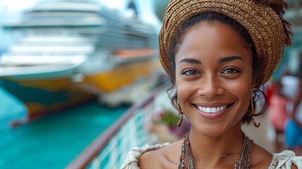 Portrait of a woman smiling, cruise ship dock on the background.  - obrazy, fototapety, plakaty