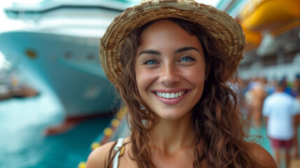 Portrait of a woman smiling, cruise ship dock on the background.  - obrazy, fototapety, plakaty