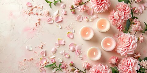Romantic atmosphere, candles and petals of delicate pink flowers, wallpaper, background