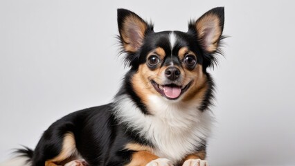 Portrait of Black and tan long coat chihuahua dog on grey background