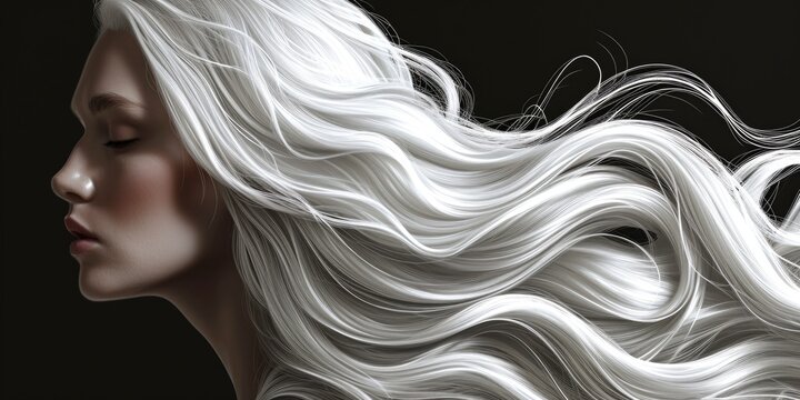 A close-up view of a woman with long white hair. This image can be used to depict beauty, aging, or fantasy characters.