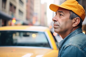 taxi driver leaning on yellow cab, cityscape in background