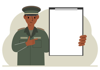 A man in a military uniform is holding a large clipboard with plenty of space for text. Vector