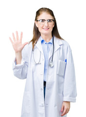 Middle age mature doctor woman wearing medical coat over isolated background showing and pointing up with fingers number five while smiling confident and happy.