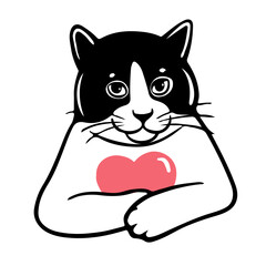 Cute funny black and white cat with a heart. Vector illustration. Valentine's Day. Love and friendship between human and pet