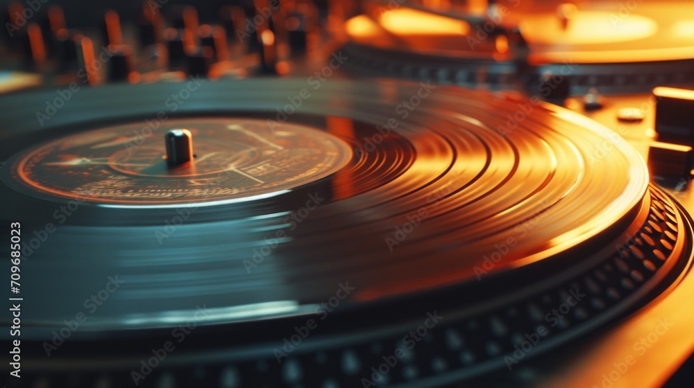 Poster A detailed close-up view of a record spinning on a turntable. This image can be used to represent music, vinyl records, nostalgia, or DJ culture