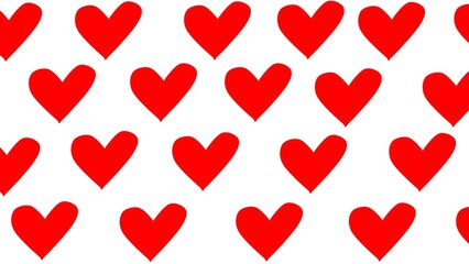 Background illustration of several repetitions of similar red love hearts spaced and on white.