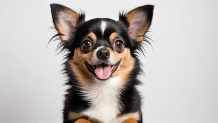Portrait of Black and tan long coat chihuahua dog on grey background