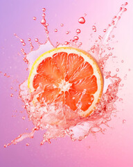 Grapefruit and water splash. Fresh grapefruit is cut in half with a water splash on a bright-colored background.