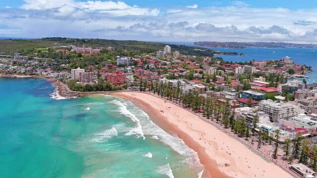 Sydney, Australia: Aerial view of iconic Manly Beach, famous surf beach in capital city of Australian state of New South Wales and most populous city in Australia