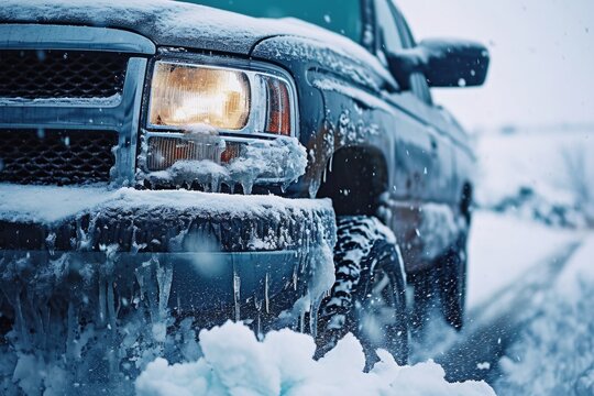 A truck completely covered in snow and ice. This image can be used to depict extreme winter weather conditions or the challenges of driving in icy conditions