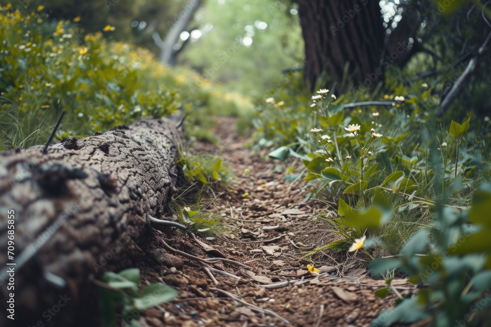Poster a fallen tree standing in the middle of a dense forest. this image can be used to depict nature, env