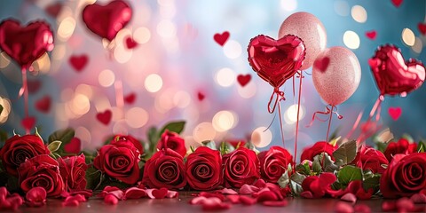 Red roses and balloons in the shape of a heart , wallpaper , background , valentine's day