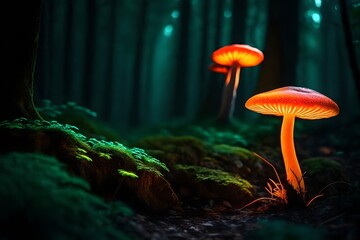 bioluminescent mushrooms growing in a dark forest. Magical neon mushrooms glowing - Beauty of nature.