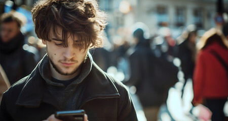 Young man standing or walking on a city street, looking at his smartphone that he is holding in his hands. Youthful male person wearing a black coat, teen using technology, cellphone - obrazy, fototapety, plakaty