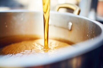 closeup of golden liquid in brew kettle - obrazy, fototapety, plakaty