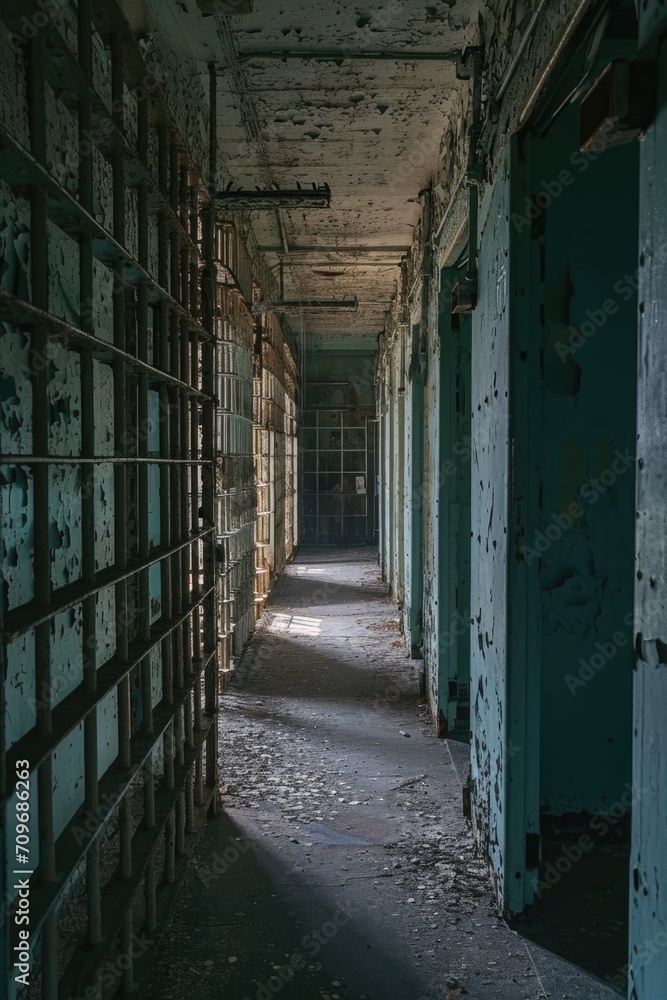 Poster a long hallway with bars in an abandoned building. can be used to depict confinement, isolation, or 