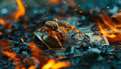 The spider spun a web on the dollars on fire. - obrazy, fototapety, plakaty