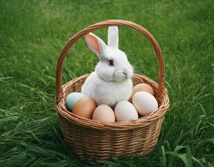 Easter postcard with a white rabbit in a wicker basket next to chicken eggs scattered on the green grass