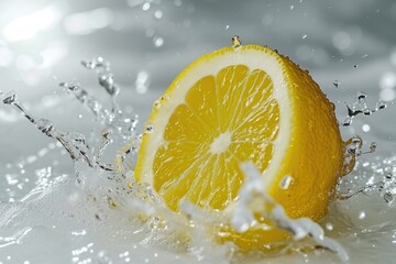A slice of lemon dropping into a glass of water. Perfect for refreshing and healthy drink concepts