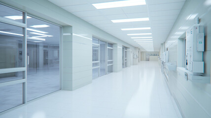 Un plano en perspectiva que capta la vista de un pasillo de hospital y ofrece una representación visual del entorno clínico e institucional. - obrazy, fototapety, plakaty