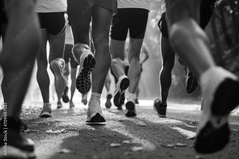 Poster a black and white photo capturing a group of people running. suitable for various applications