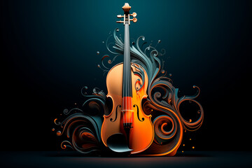 Violin musical instrument colorful decorated splash illustration on black background - obrazy, fototapety, plakaty