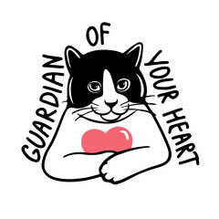 Cute funny cat with a heart, with a bouquet of heart flowers. lettering is the keeper guardian of your heart. Vector illustration Vector illustration. Love and friendship between human and pet