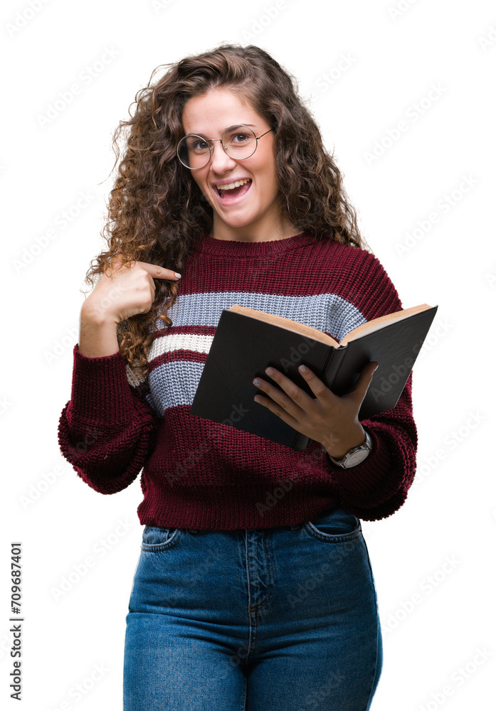 Sticker young brunette girl reading a book wearing glasses over isolated background with surprise face point