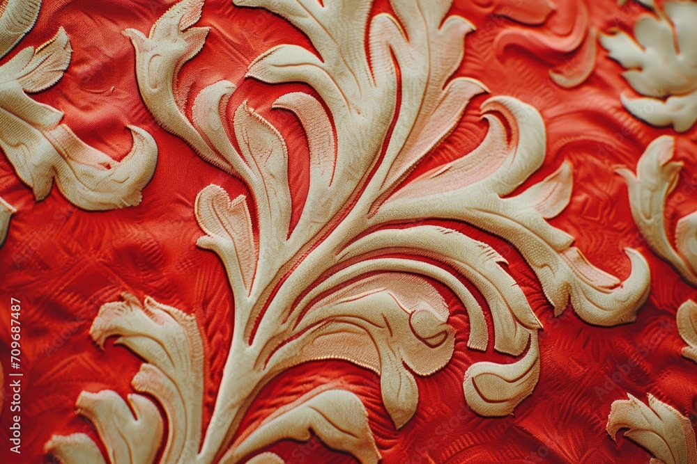 Poster A close up view of a red cloth with an intricate pattern. This image can be used for various purposes