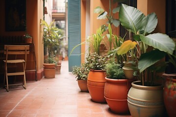 terracotta pots with lush green plants in a courtyard